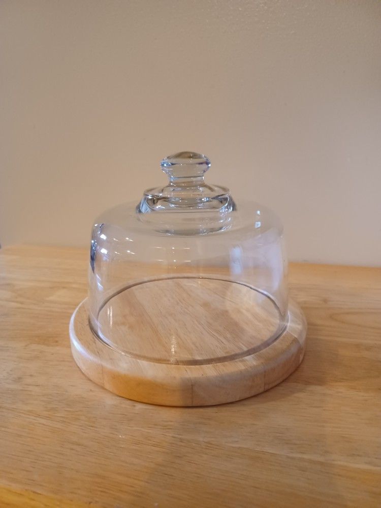 Vintage Dutch & Garden Glass Dessert Cheese Cloche Dome With Wood Serving Tray
