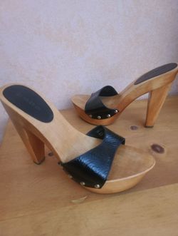 bebe Sandal Slides black Leather Wood Size 7