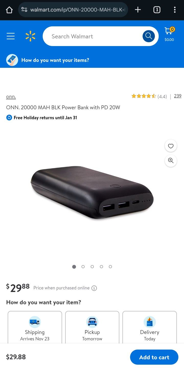 Onn Portable Battery Bank 20,000mah.