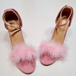 'BARBIE' Pink Fluffy Feather Heels and Pink Halter Dress 