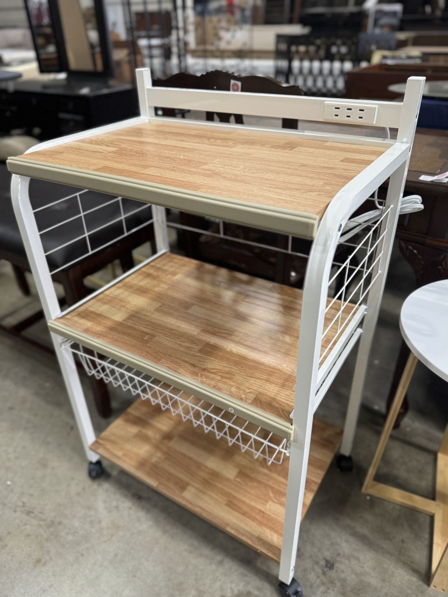 Microwave Cart with Storage, 3-Tier Rolling Kitchen Stand with Wire Basket, Wood and Metal Utility Cart on Wheels, Coffee Bar Station $50