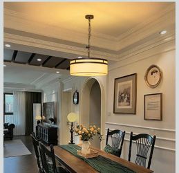 #1720- 20" Black Drum Chandelier, 5-Light White Linen Dining Room Light Fixture
Modern Transitional, White Fabric Shade, Hanging Pendant Light for Kit