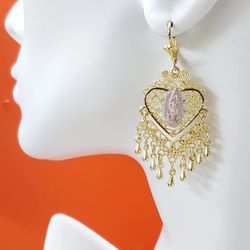 3 Color Gold Plated Our Lady Virgen Guadalupe Chandellier Heart Earrings 