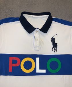 Ralph Lauren Polo Shirt Mens Large White Big Pony Blue Colorblock Red Yellow White Green POLO Letters