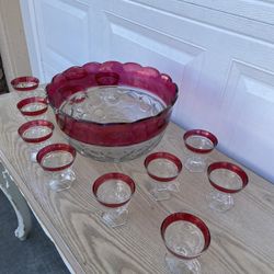 VINTAGE CRANBERRY GLASS PUNCH BOWL SET