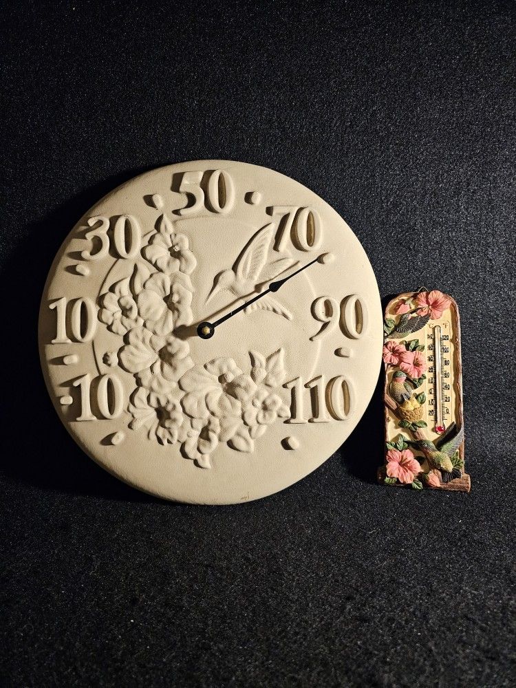 Vintage 1990's Opus Terracotta 12" And 7" Resin Thermometer "Hummingbirds" Garden Wall Decor.