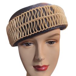 Vintage Valerie Modes Navy Blue Straw & Ivory Ribbon Hat, 22 Inches