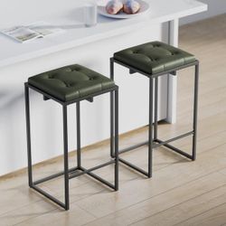 Modern Bar Stools Set of 2, Metal Frame Square Backless Bar Chairs with Tufted Faux Leather Upholstery, - as picture