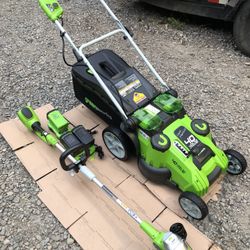 40 V Green Works Lawnmower With Weed Eater