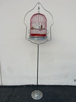 Vintage Hendryx Red Crown Birdcage w/Art Deco Design Hanging on Stainless Stand, 1920’s