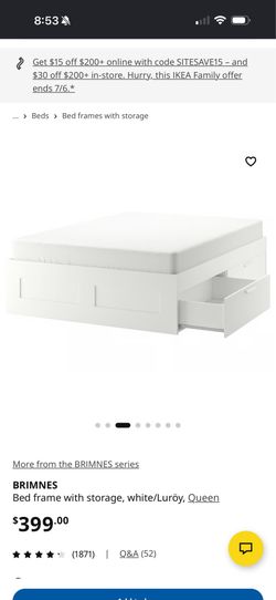 IKEA BRIMNES Queen Bed Frame with Storage - White