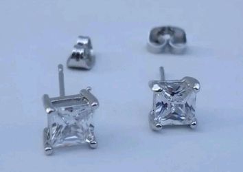 14K  WHITE  GOLD PLATED STUD EARRINGS WITH A TOTAL OF 2 CARATS OF CZ PRINCESS CUT