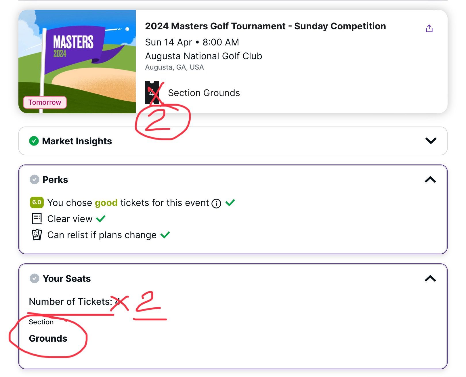 MASTERS GOLF TOURNAMENT  (Purchase Confirmation Attached) 2 TICKETS REMAINING 