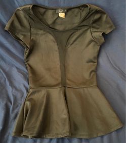 LoveJ elegant black short sleeve shirt with sheer middle, Size M (fits like S/M)