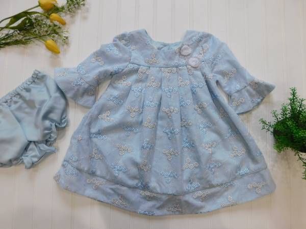 Laura Ashley London Girls 24M Blue Brocade Metallic Bell Sleeves Dress 24 Months 