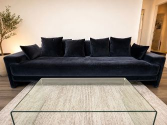 CB2 Faible 99” Deep Depth Sofa – Navy Blue Velvet + Tons of Extra Pillows