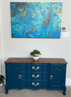 Refinished Vintage Solid Wood Blue Dresser with Walnut Top & Gold Hardware