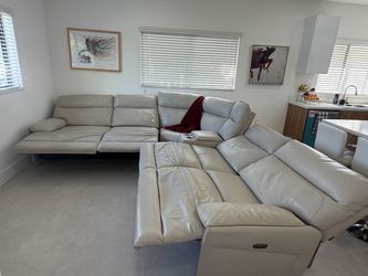 Light Beige Leather Sectional Sofa with Recliners