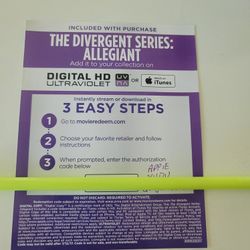 $4 DIGITAL HD MOVIE. THE DIVERGENT SERIES: ALLEGIANT. $4 OR TRADE FOR A MOVIE TITLE I DO NOT ALREADY OWN.