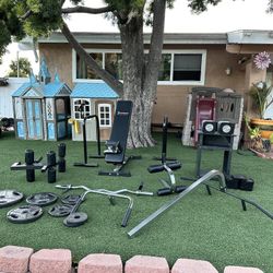 Iron Master Bench, Dumbbells, Attachments, Weights, And Curl Bar