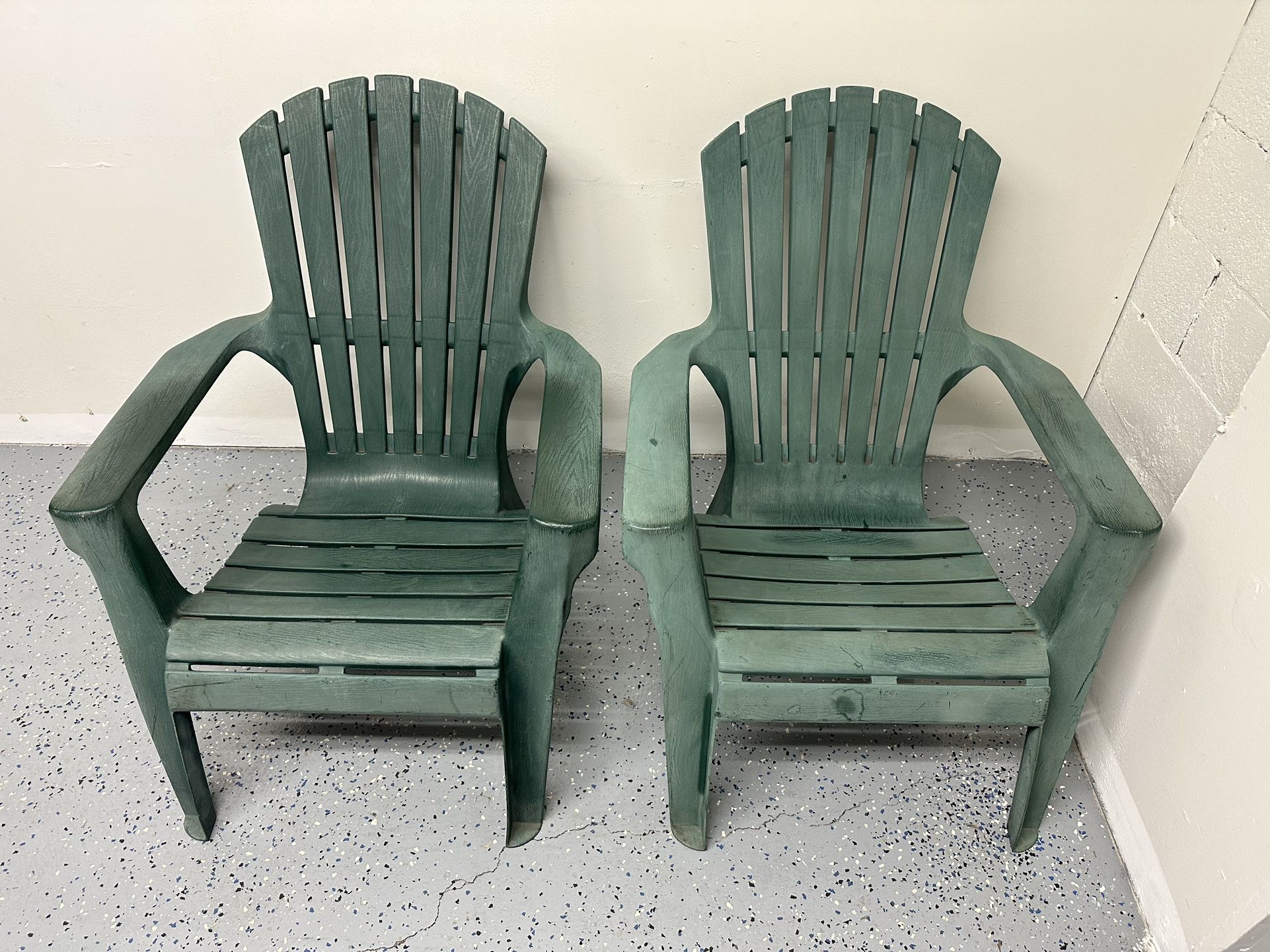 Syroco Plastic Chairs, Adirondack Style, Weathered And Faded From Outdoor Use. Green 2 Chairs