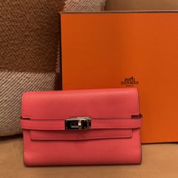 Authentic Hermès Kelly Wallet Epsom Pink Gold Hardware Full Set Receipt