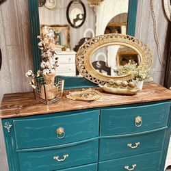 Gorgeous Peacock Teal Farmhouse Style Dresser W/ Mirror 