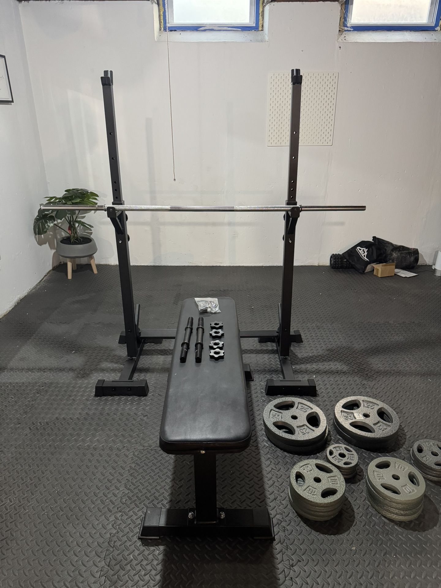 Complete Home Strength Training Workout Setup: Squat Rack, Bench, Metal Plates