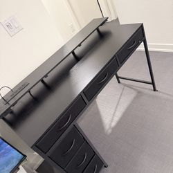 Huuger Gaming Desk with 6 Drawers, Computer Desk with Lights - Power & USB & Type-C, 47 Inch Desk