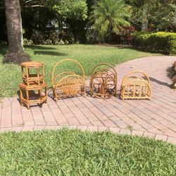 Lot Of 4 Piece - Rattan And Bamboo Magazine Racks And Plant Stand 