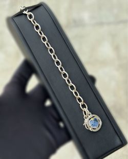Jewelry Judith Ripka 18k yellow gold .925 sterling silver BLUE CZ stone & Natural Diamond Heart Charm 4.05CTW Bracelet 7.50” 8.30mm 18.30g