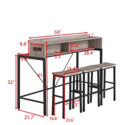 59 inch bar table, dining table, sofa table with power socket and LED light, 3 saddle stools, 4-piece bar table and chairs set for living room, dining