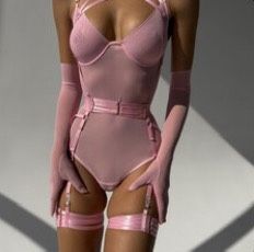 Bodysuit Lingerie Crotchless With Harness And Garters Pink