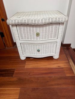 White Wicker 2-Drawer Nightstand