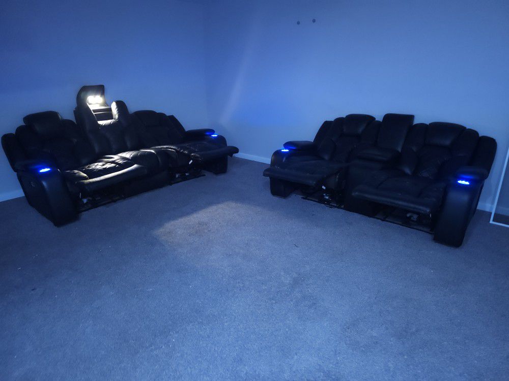 Powered Recliner Leather Couches With LED Light Cup Holders
