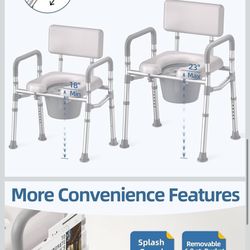 Bedside Commode with Padded Seat and Backrest, Aluminum Commode Toilet with Bucket, Easy Cleaning Portable Toilet for Adults and Seniors, 350 lb Capac
