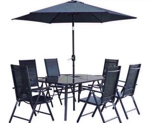 8-Piece Outdoor Patio Dining Set with Tilting Umbrella, Glass Table, & Folding Chairs