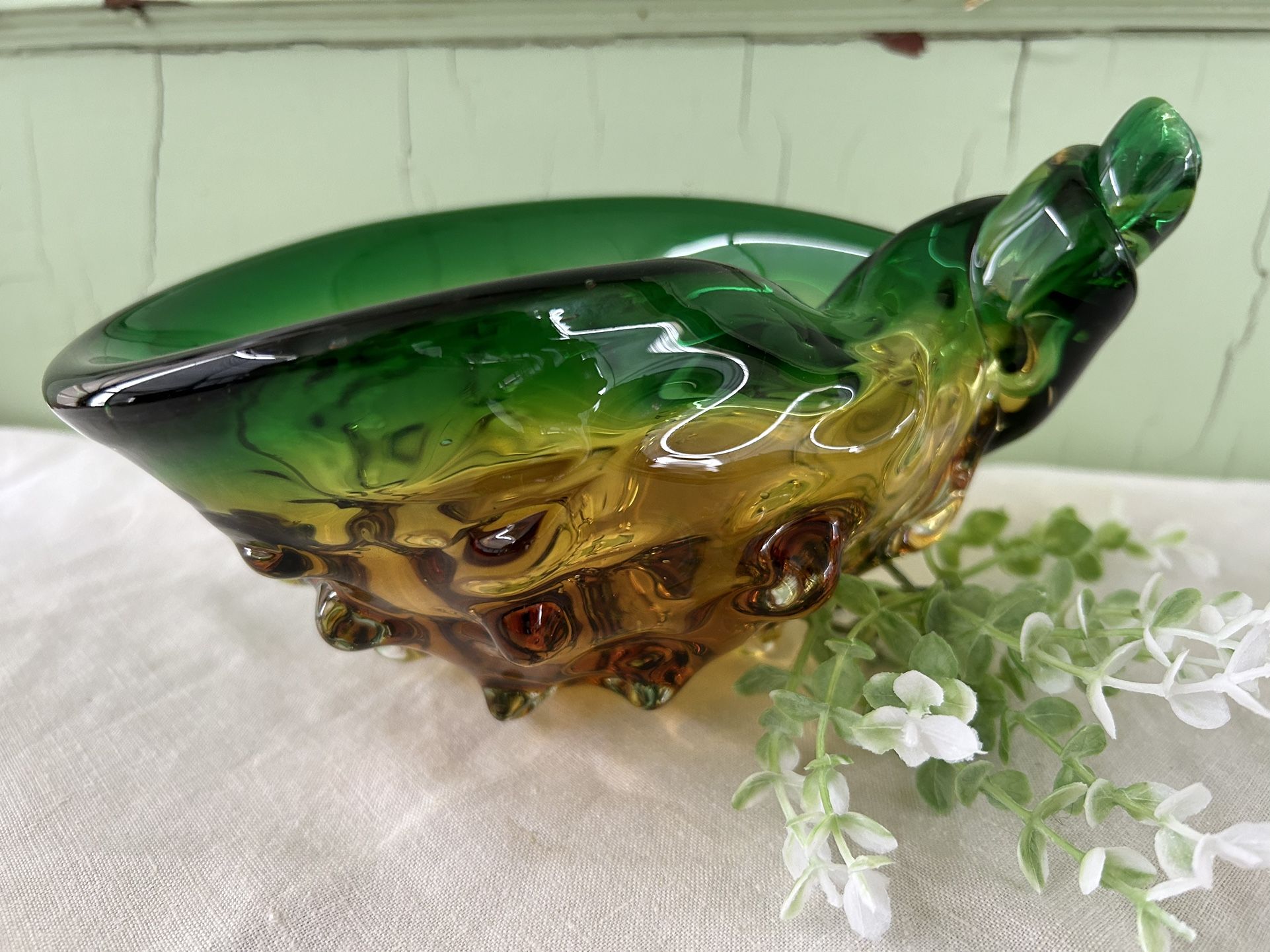 Vintage Murano Italy Glass Green & Gold Seashell Bowl Dish Home Decor Mid Century Modern