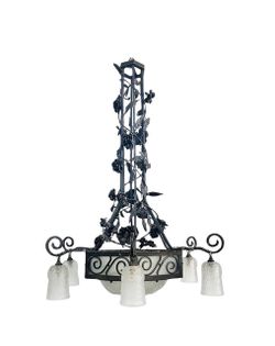 Large Vintage Wrought Iron Rose Chandelier with Frosted Glass Shades