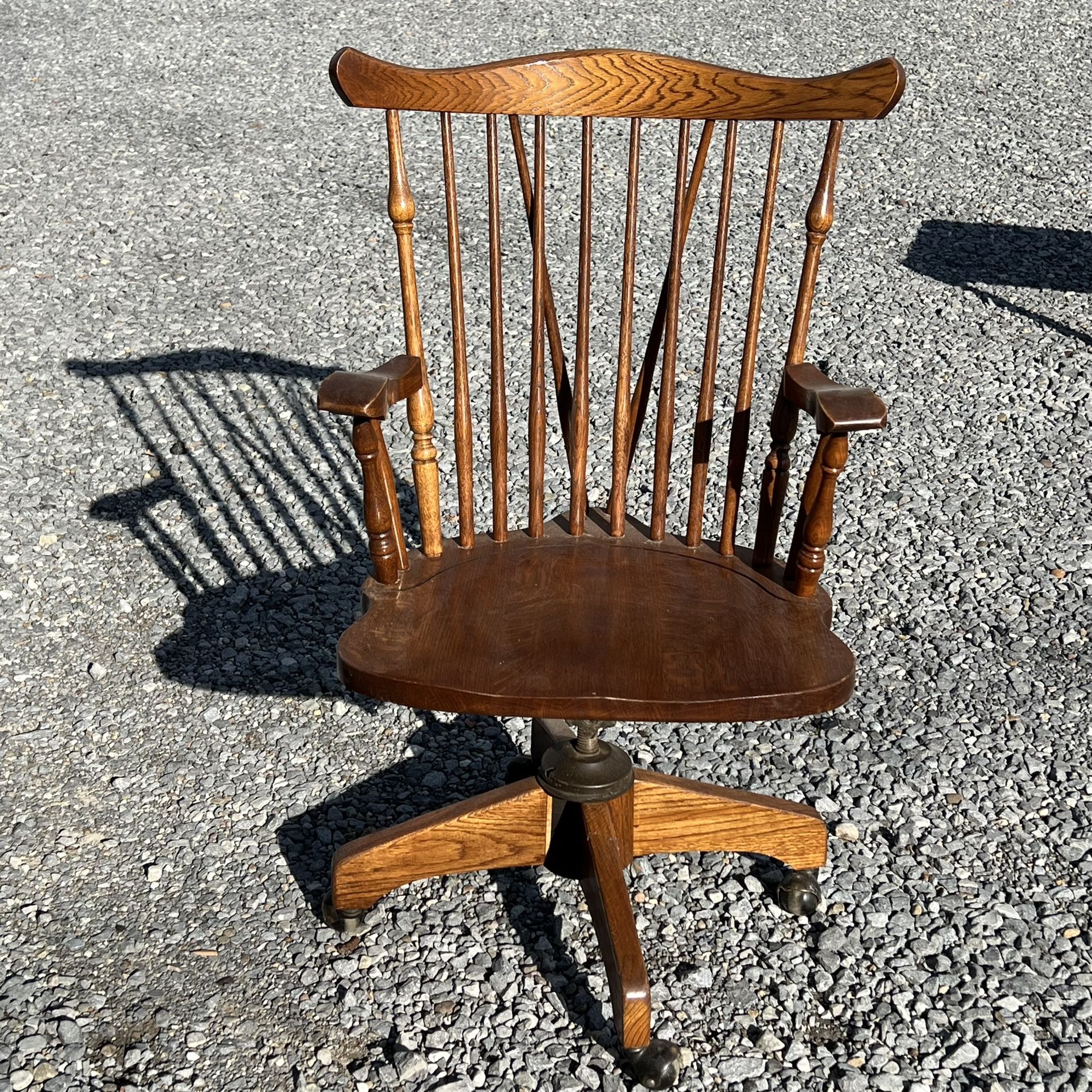 Vintage Oak Wood Fiddleback Swivel Spindle Back Office Chair