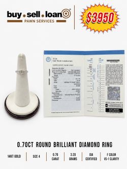 GIA CERTIFIED 0.70 ROUND BRILLIANT F COLOR, VS-1, 14KT GOLD RING