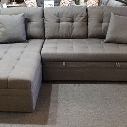 Brand New 86" × 61" Gray Or Black Tufted Linen Reversible Pullout Sectional With Storage Chaise