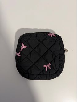 Quilted Black Pouch with Pink Bow Embroidery
