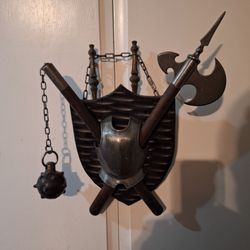 Vintage Toledo Spain Medieval Shield Wall Decor w/ Axe & Mace Wood & Metal
Vintage medieval-style decorative wall display made in Toledo, Spain.
Fea