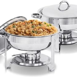 Upgraded 5 Qt Full Size Stainless Steel Chafing Dish Set of 2 Pack Round Chafer Buffet Catering Warmer Set w/Food and Water Pan, Lid, Solid Stand...