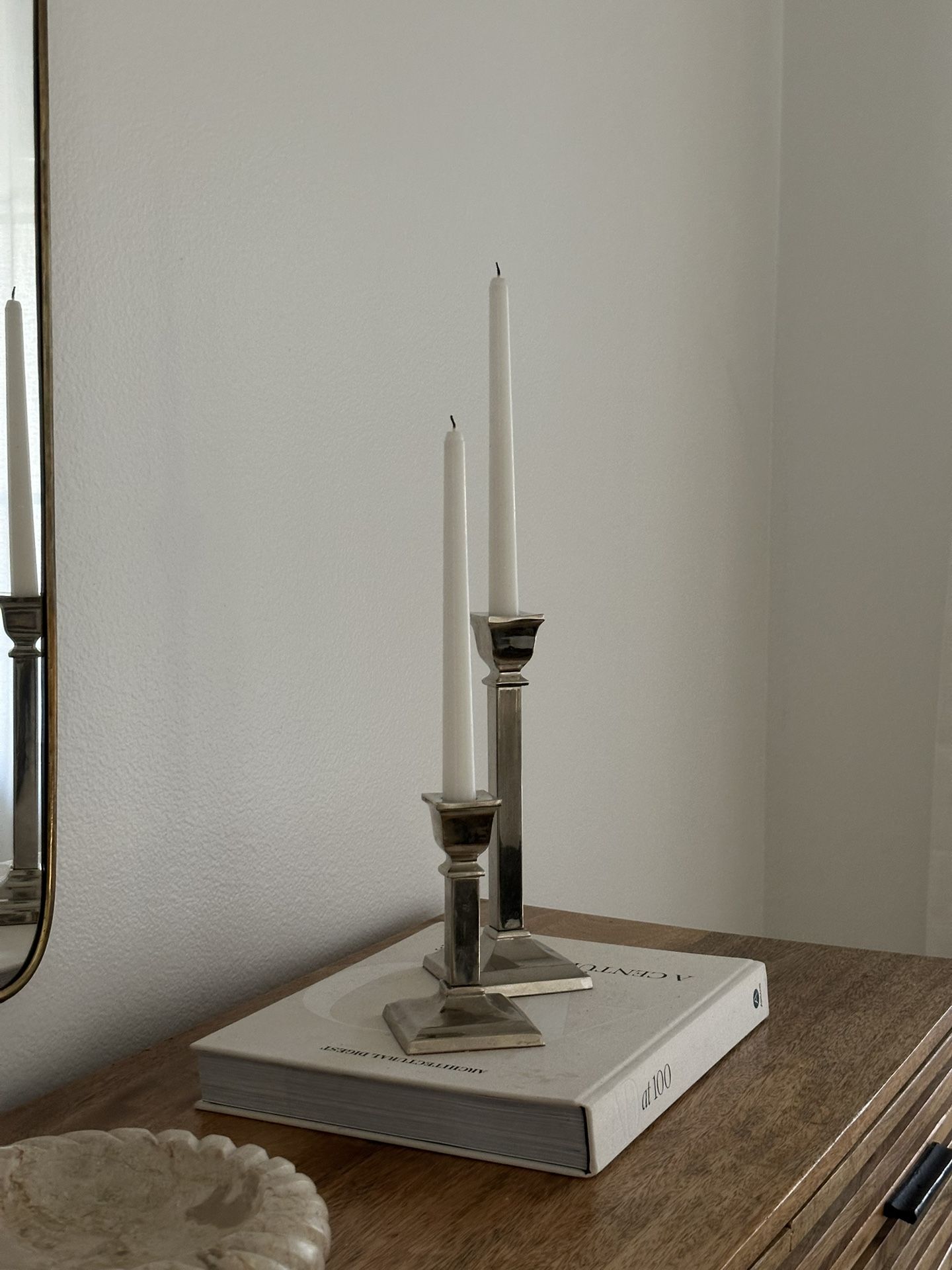 Pair of Vintage Art Deco / Colonial Revival Silver-Plated Candlestick Holders – Red Felt Base