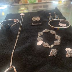 Sterling silver .925 just in. Aztec bracelet 65.00 heart necklace 35.0” bear print earrings 25.00 turquoise earrings 18.00 inlay bracelet 68.00 bracel