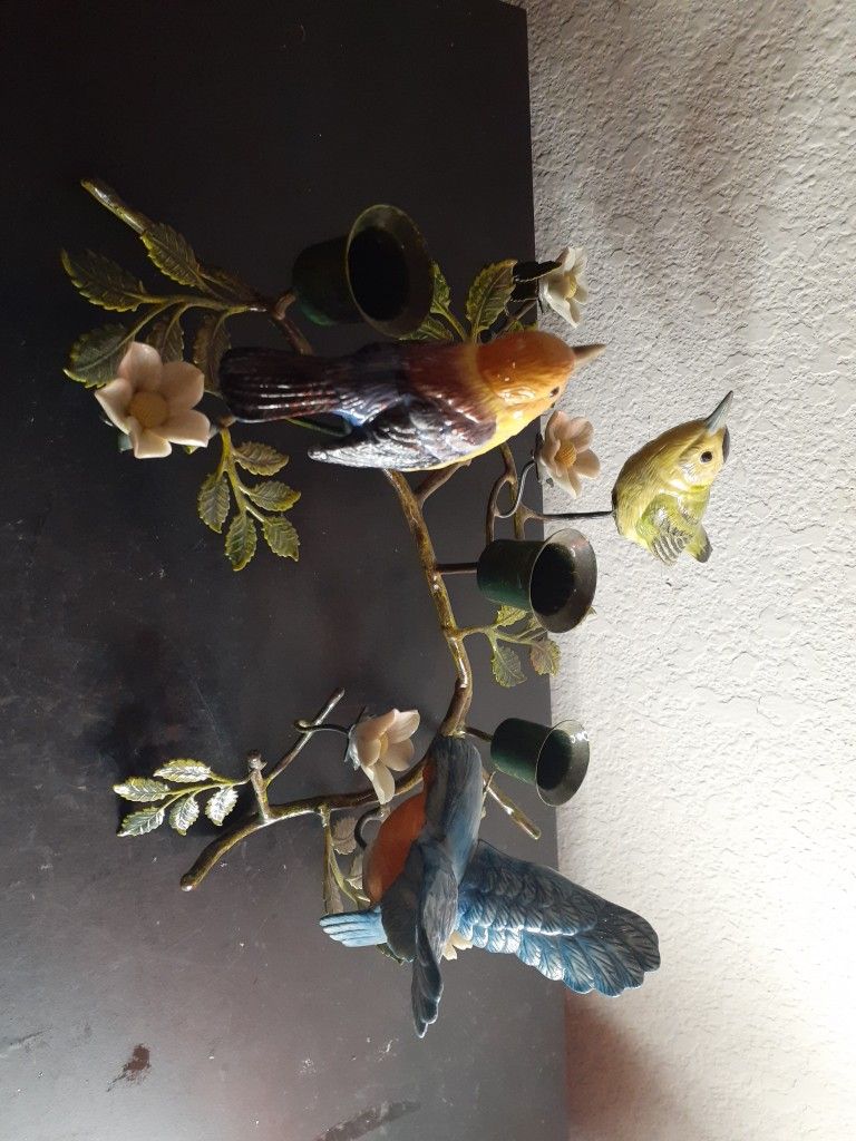 GORGEOUS Pair of VTG 12" Metal Birds & Floral 3 Candelabra Made in Taiwan.