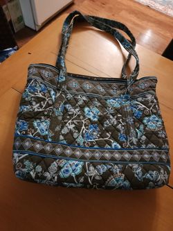 Brown & blue print floral quilted tote bag, Tanya Lee brand,  15" across ,11in top to bottom