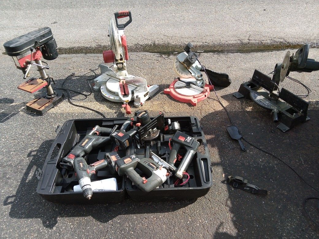 Cordless Sawzaw,Skill Saw,Jigsaw,Drill Gun,Light,Batteries For each,Three Miderboxes,Drill Press